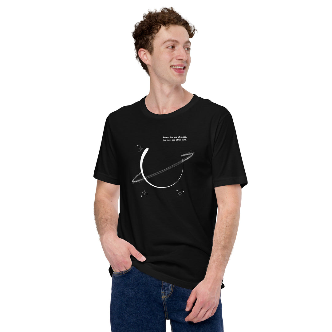 An urban man is wearing the Men’s Planet Doodle And Slogan Graphic Tee, front view.