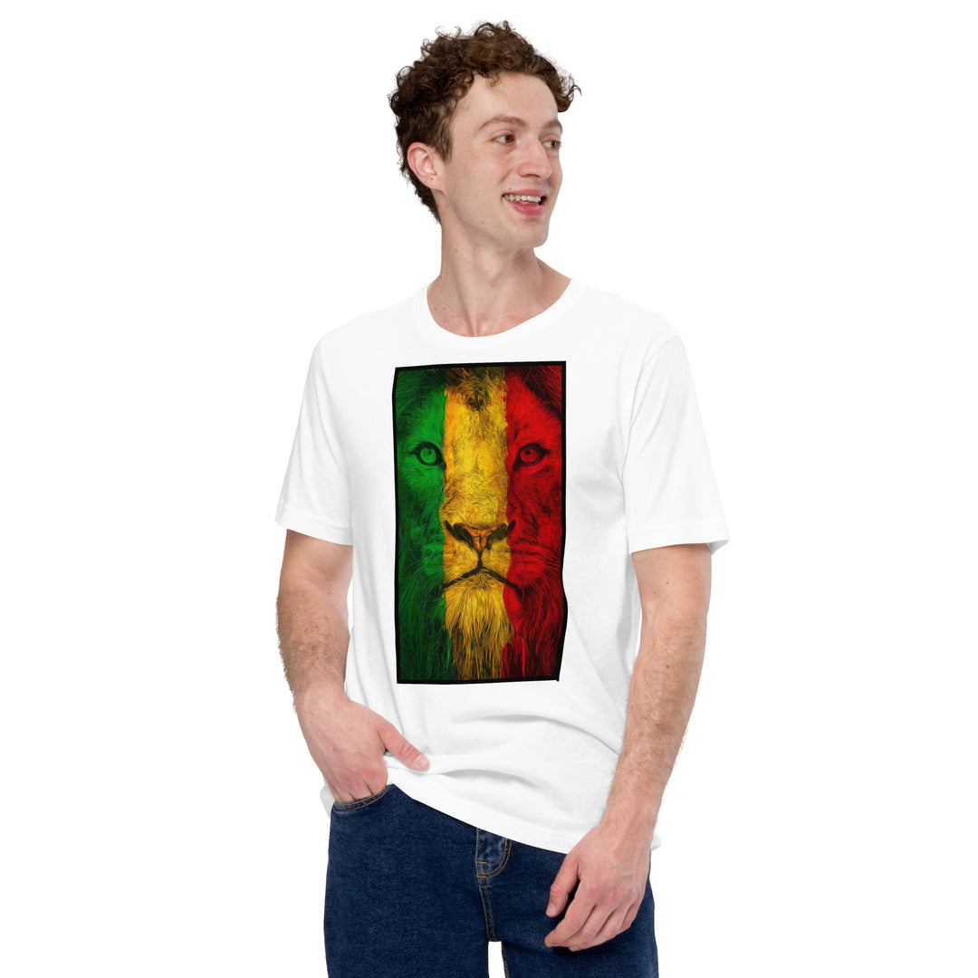 An urban man is wearing the Men's Rasta Lion Theme Graphic Tee, front view.