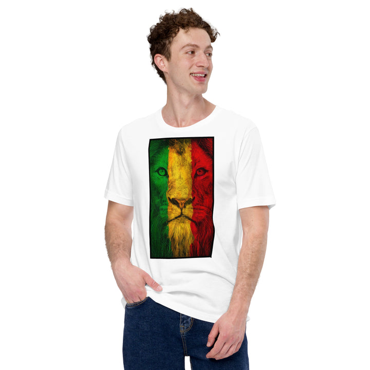 An urban man is wearing the Men's Rasta Lion Theme Graphic Tee, front view.