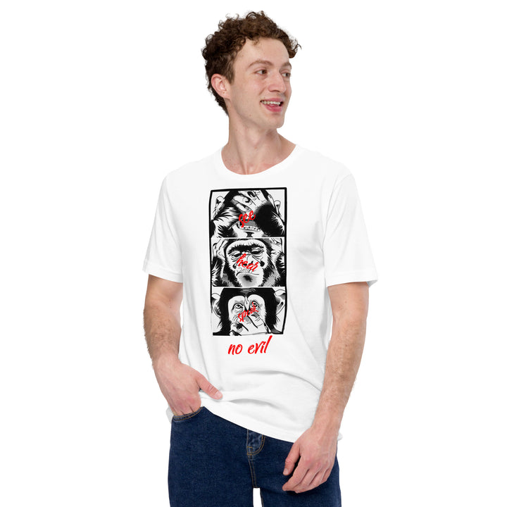 An urban man is wearing the Men's Three Monkeys And No Evil Theme Concept T-shirt, front view.