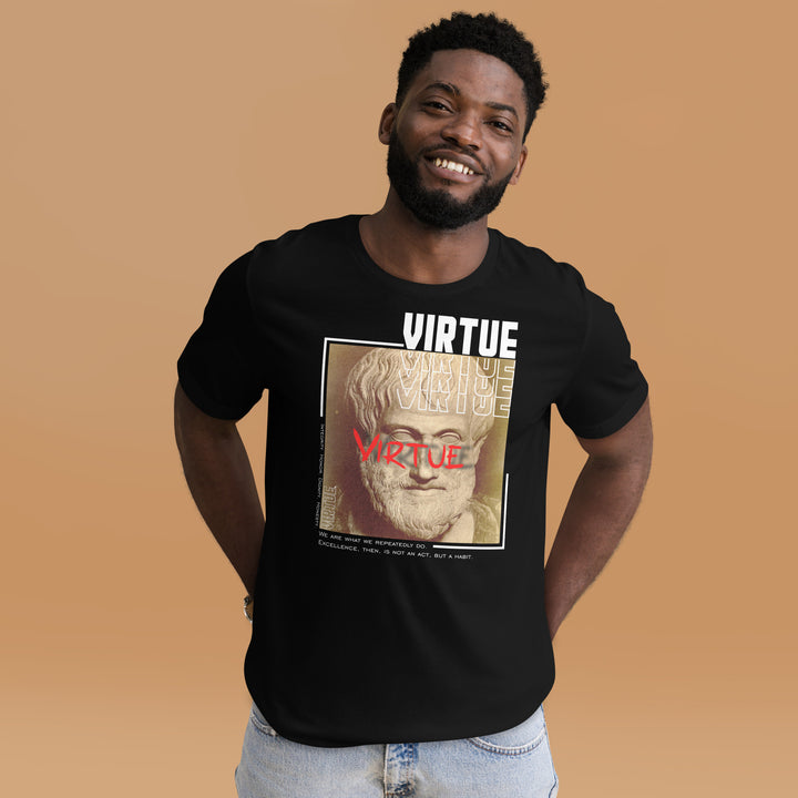An urban man is wearing the Men’s Virtue Theme and Slogan Graphic T-shirt, front view.