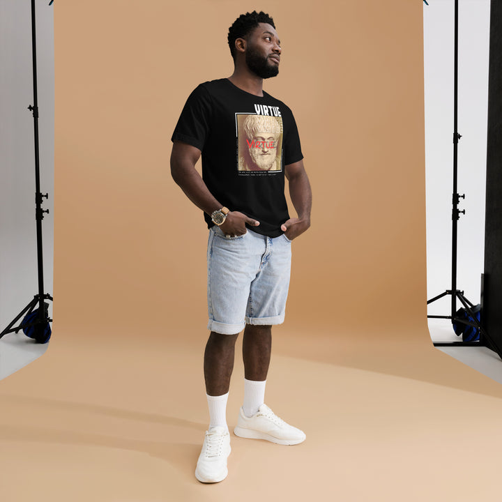 An urban man is wearing the Men’s Virtue Theme and Slogan Graphic T-shirt, full front view.