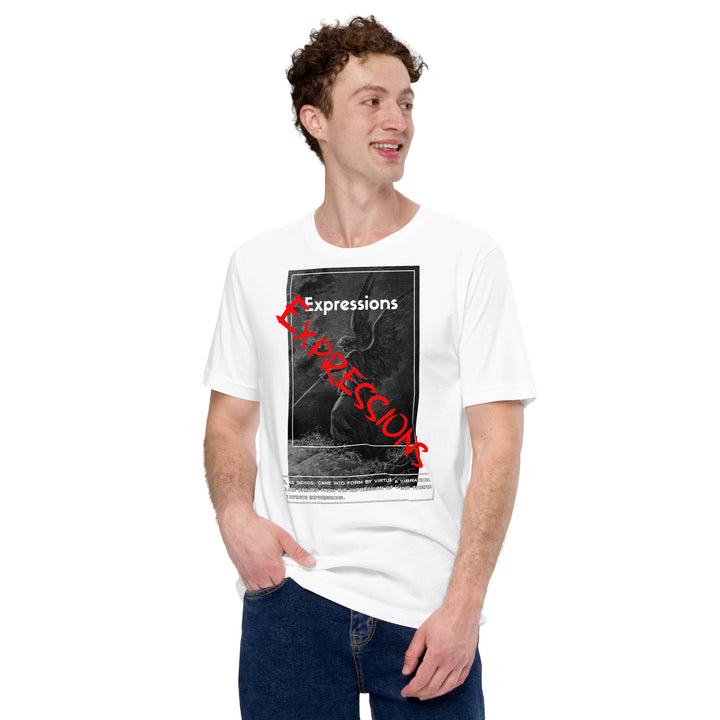 An urban man is wearing the Slogan and Guardian Angel Graphic Tee, front view.