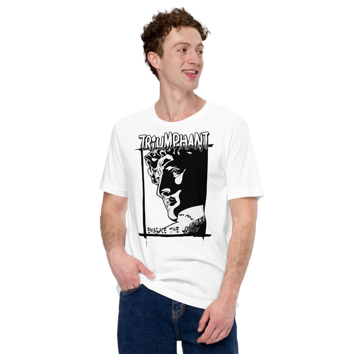 An urban man is wearing the Triumphant Cartoon Statue Graphic Tee, front view.