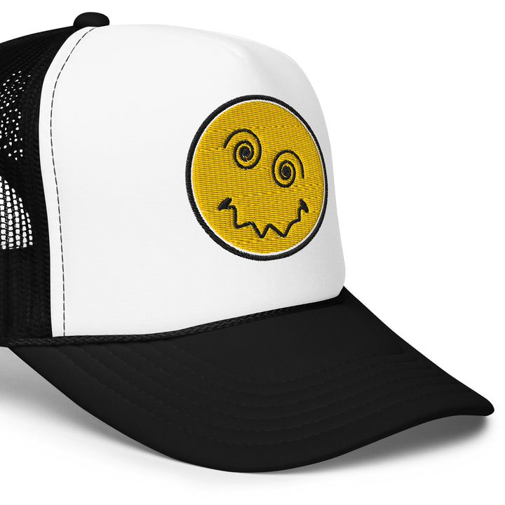 Anxiety Face Embroidered Foam Trucker Hat, front right close-up view.