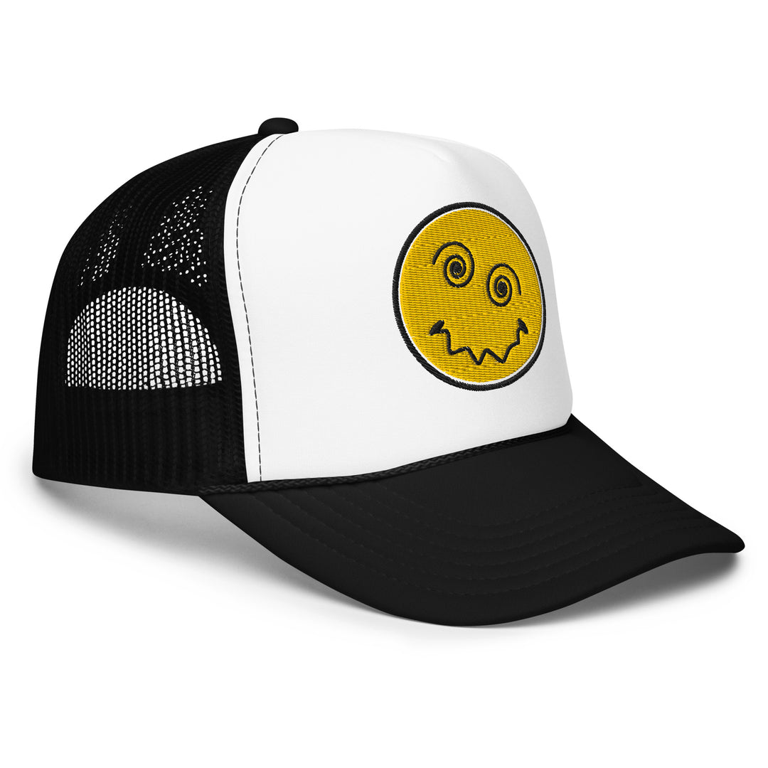 Anxiety Face Embroidered Foam Trucker Hat, front right view.