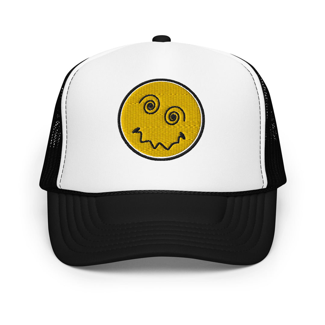 Anxiety Face Embroidered Foam Trucker Hat, front view.