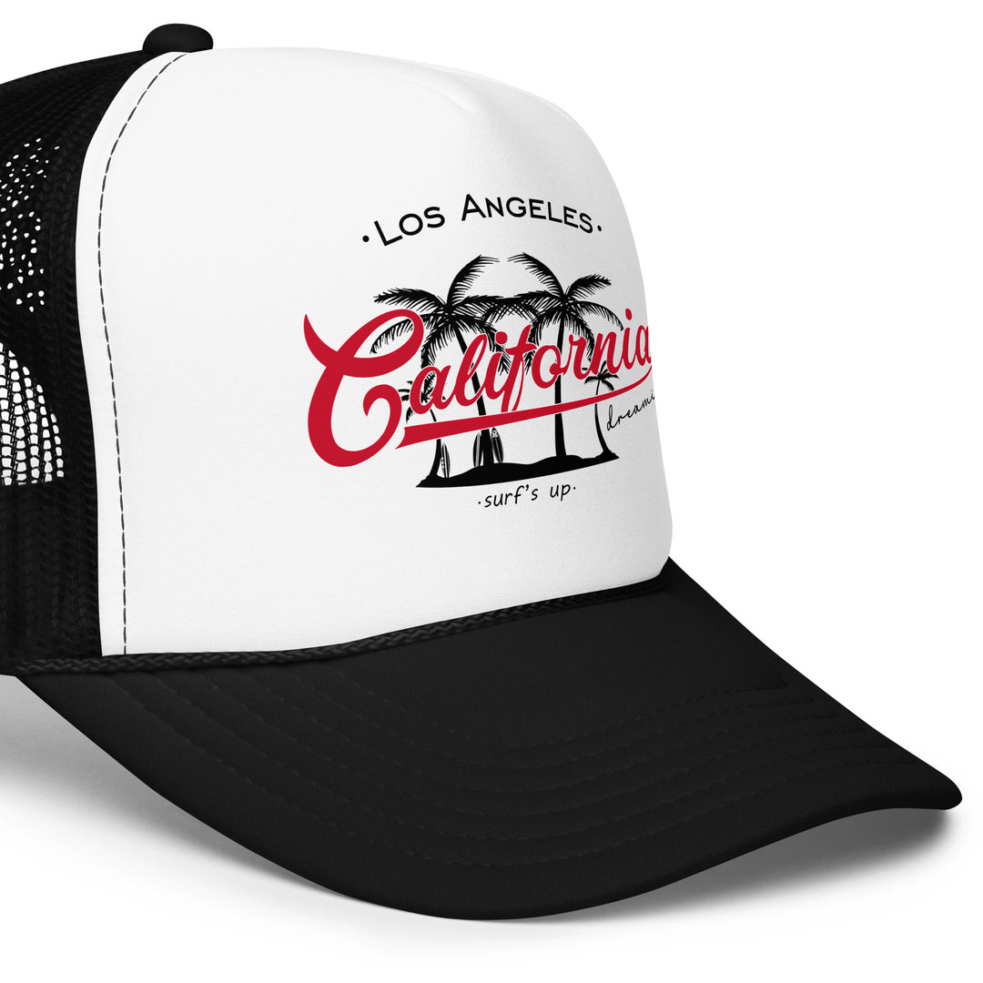 California Dreamin' Foam Trucker Hat, front right close-up view.