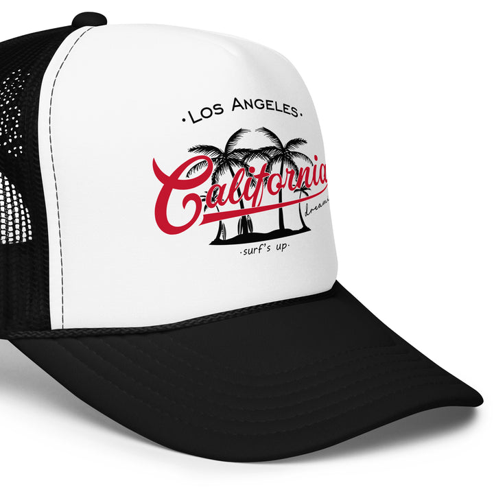 California Dreamin' Foam Trucker Hat, front right close-up view.