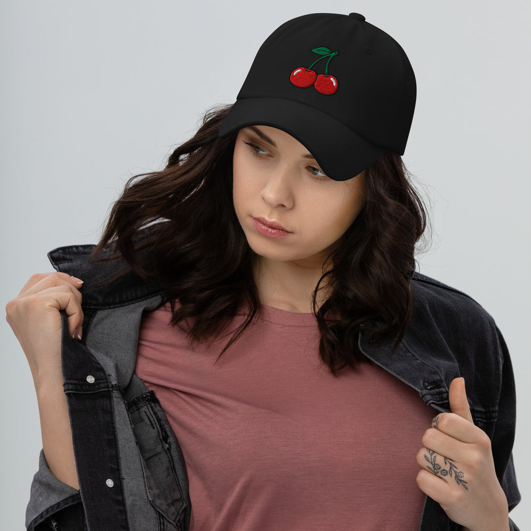 Cherry Bomb Dad Hat in Black — Woman in Jacket Lifestyle Shot