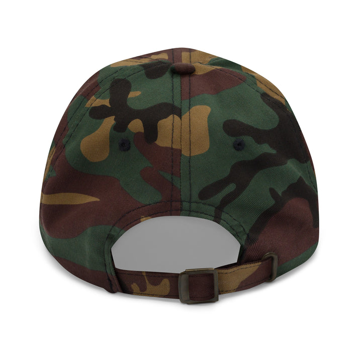 Cherry Bomb Dad Hat in Green Camo — Back View