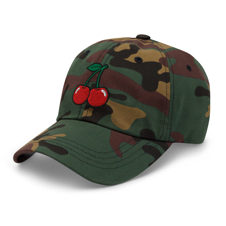 Cherry Bomb Dad Hat in Green Camo — Front Left View
