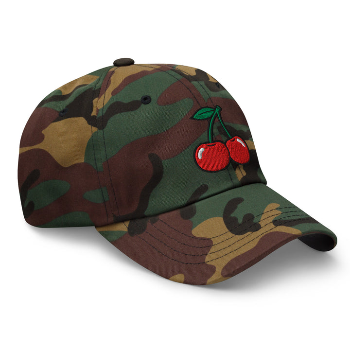 Cherry Bomb Dad Hat in Green Camo — Front Right View