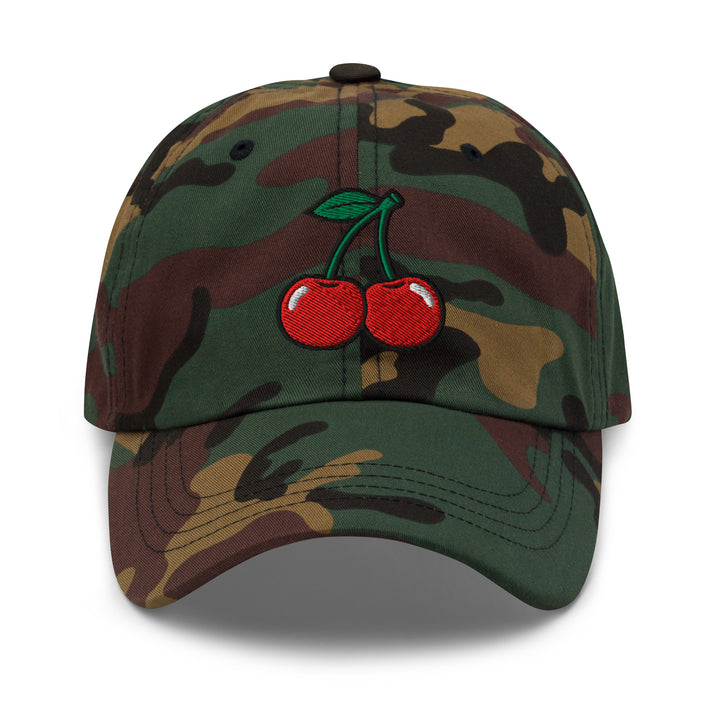 Cherry Bomb Dad Hat in Green Camo — Front View