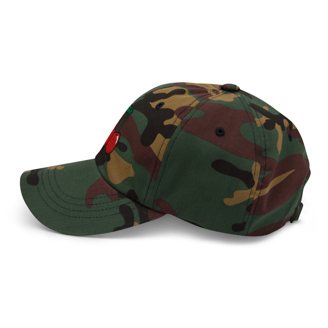 Cherry Bomb Dad Hat in Green Camo — Left Side View
