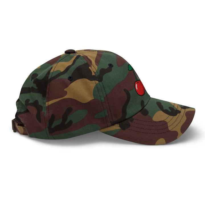 Cherry Bomb Dad Hat in Green Camo — Right Side View