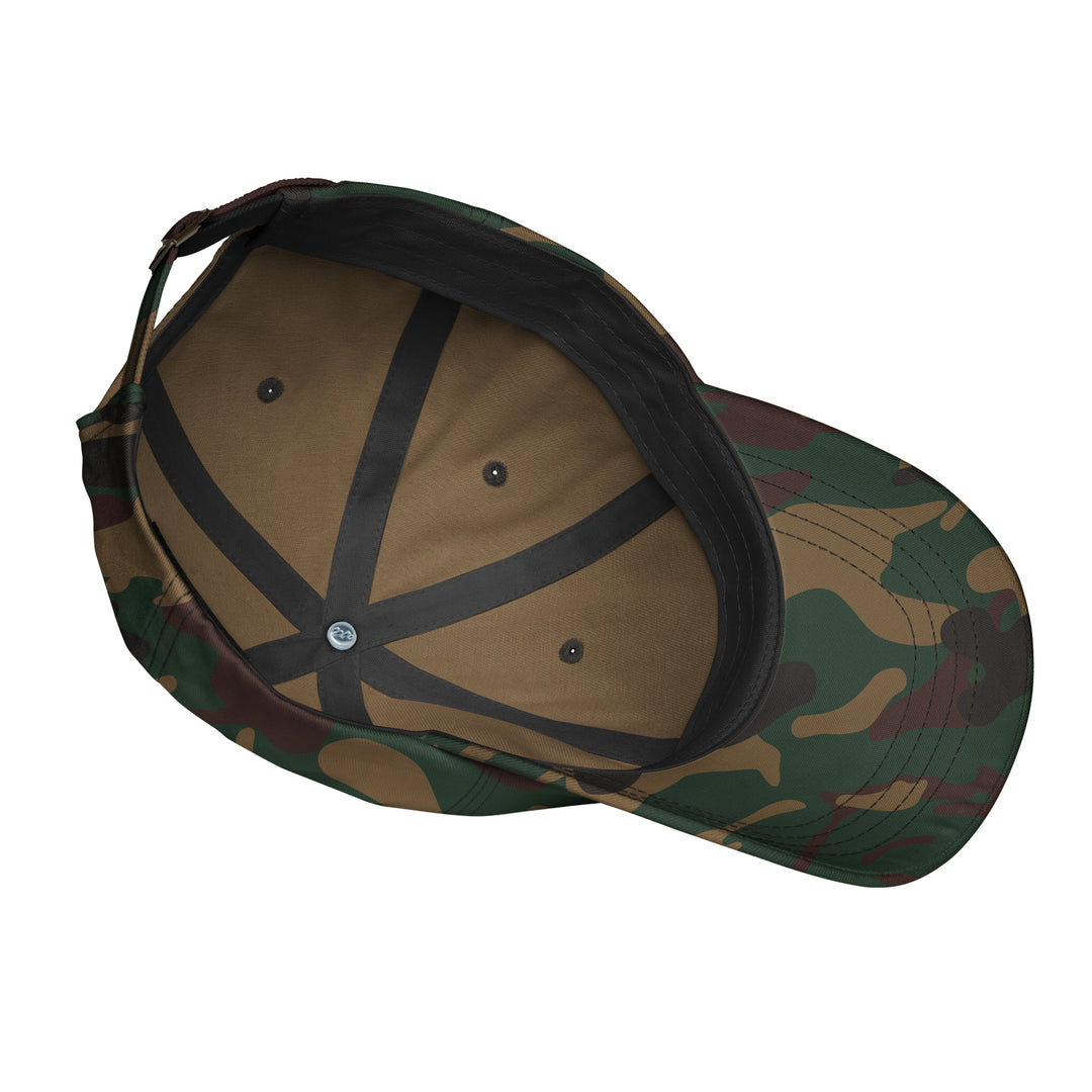 Cherry Bomb Dad Hat in Green Camo — Underside Details View