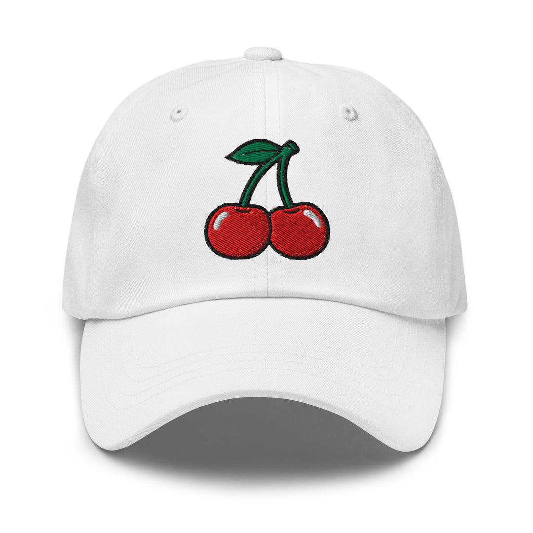 Cherry Bomb Dad Hat in White — Front View