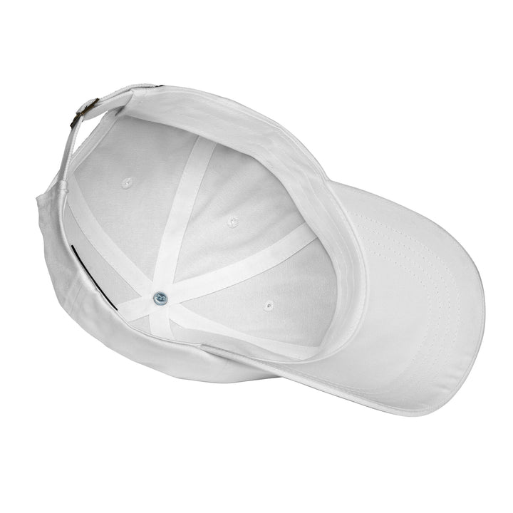 Cherry Bomb Dad Hat in White — Underside Details View