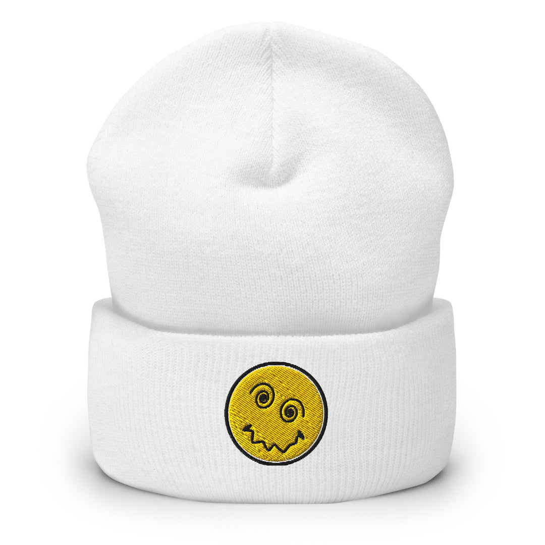 Embroidered Anxiety Face Cuffed Beanie, front view.