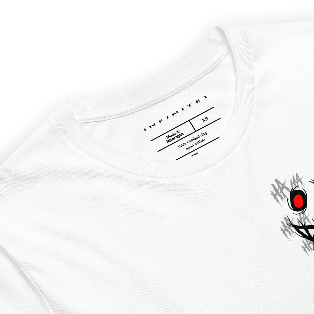 Evil Grin And Slogan Graphic Tee, close-up front view.