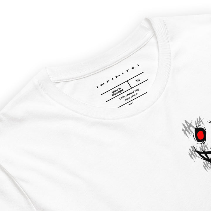Evil Grin And Slogan Graphic Tee, close-up front view.