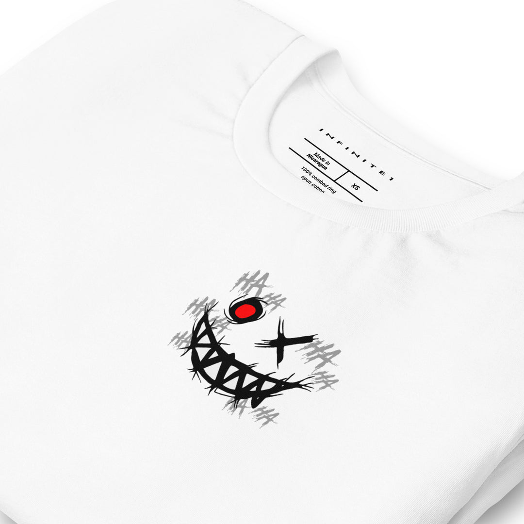 Evil Grin And Slogan Graphic Tee, folded front left view.