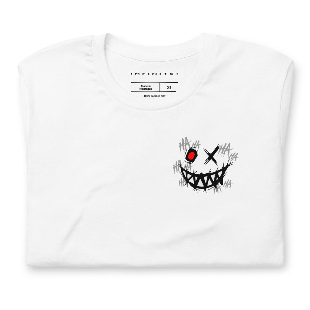 Evil Grin And Slogan Graphic Tee, folded front view.