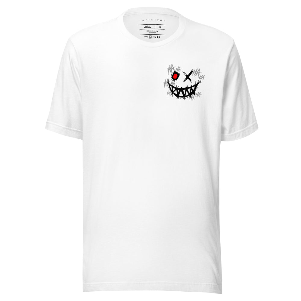 Evil Grin And Slogan Graphic Tee, front view.