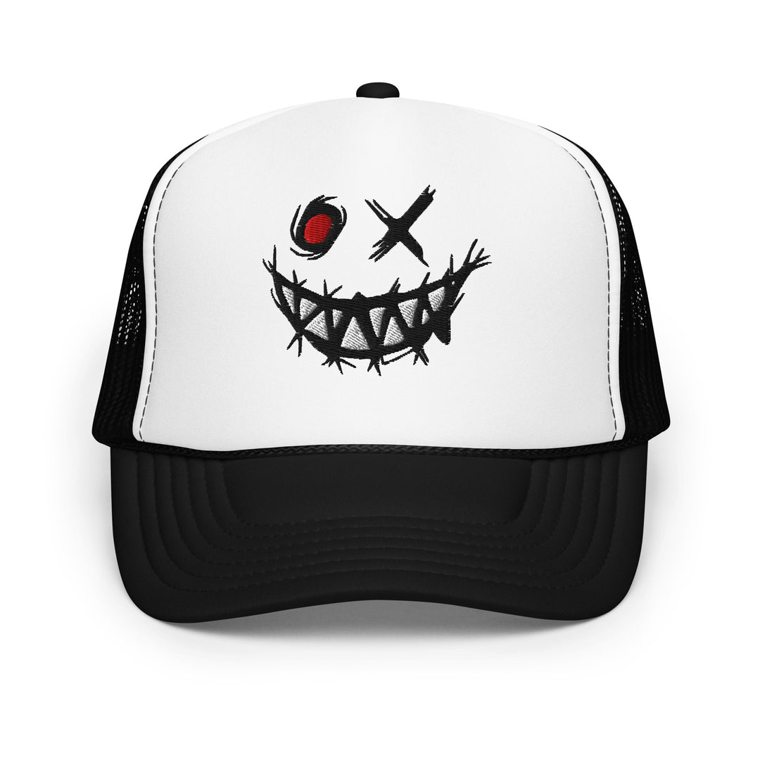 Evil Grin Embroidered Foam Trucker Hat, front view.