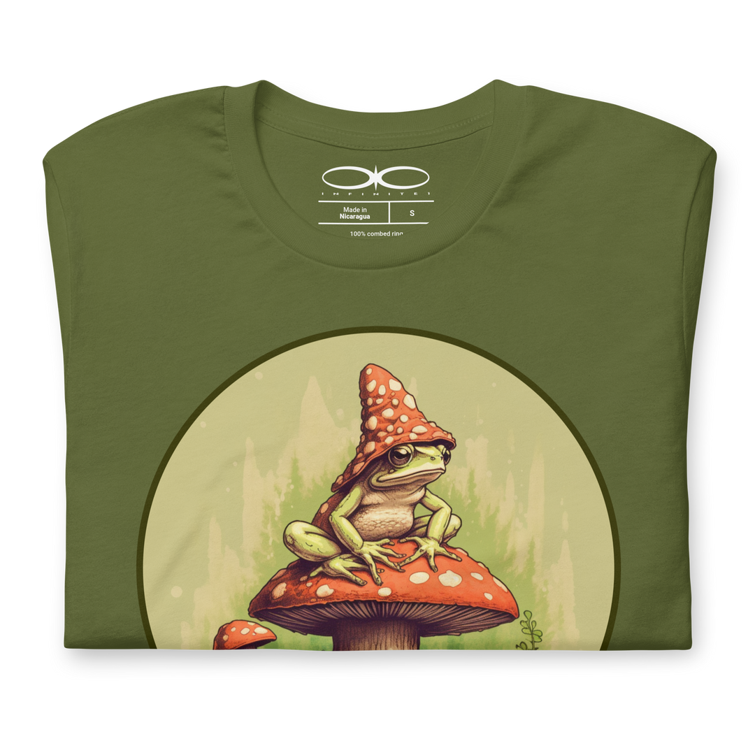 Frog On A Mushroom Graphic Tee, folded front close up view.