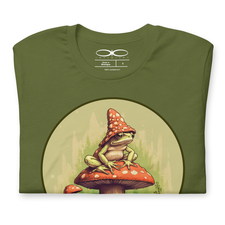 Frog On A Mushroom Graphic Tee, folded front close up view.