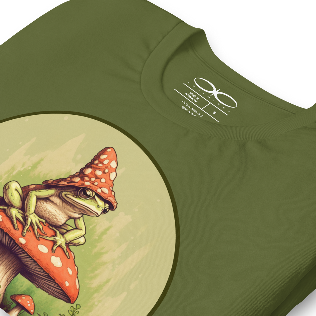 Frog On A Mushroom Graphic Tee, folded front left close up view.