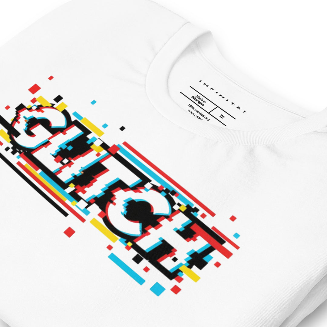 Glitch Effect Graphic Tee, folded front left view.