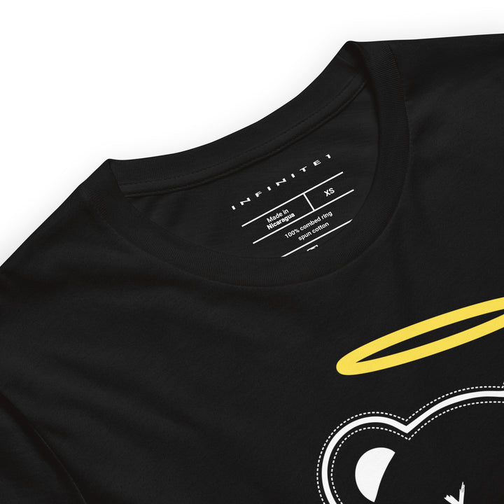Grinning Angel Bear Graphic Tee, close-up front view.