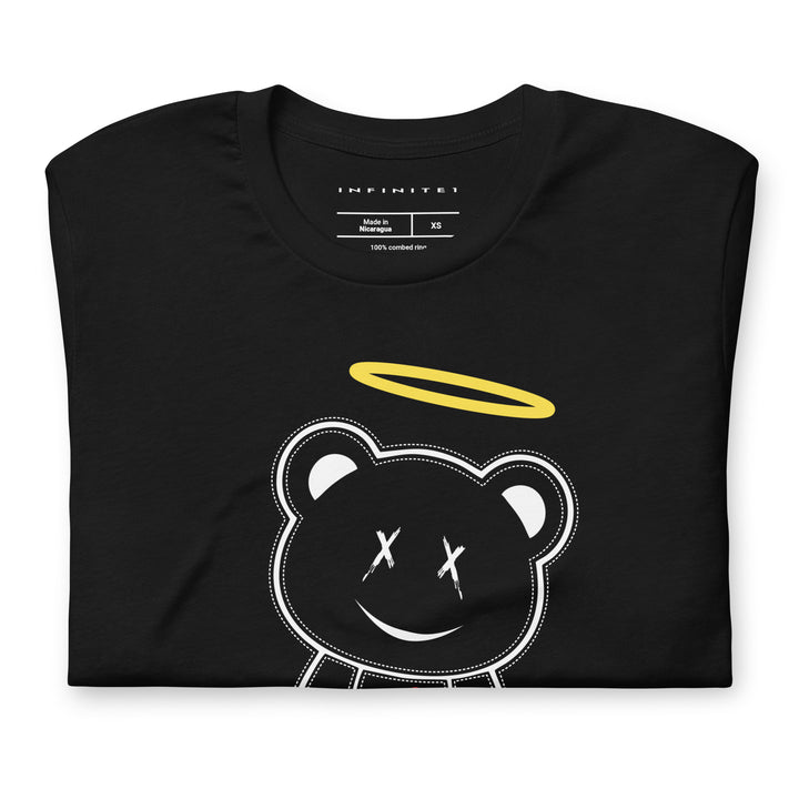 Grinning Angel Bear Graphic Tee, folded front view.