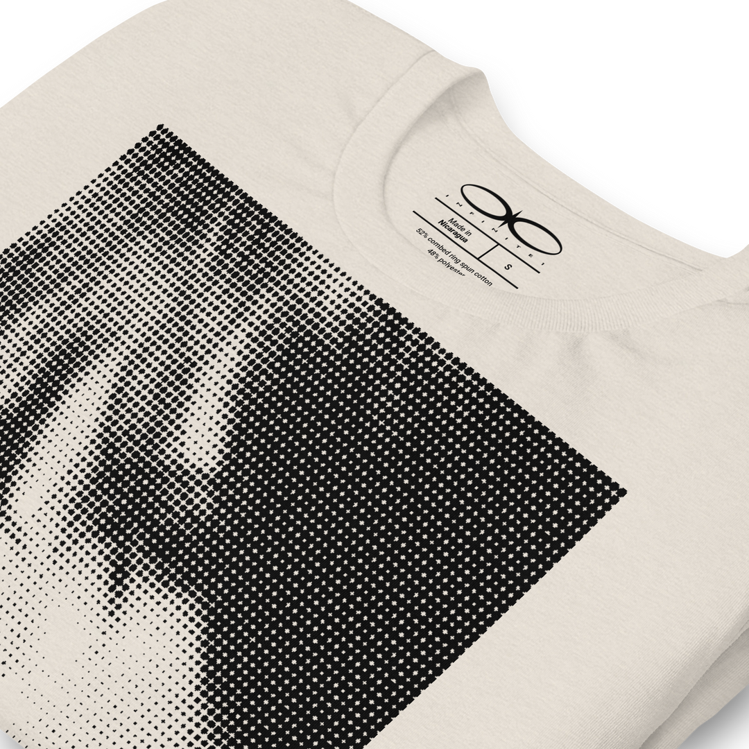 Halftone Girl Graphic Tee, folded close up front left angle view.