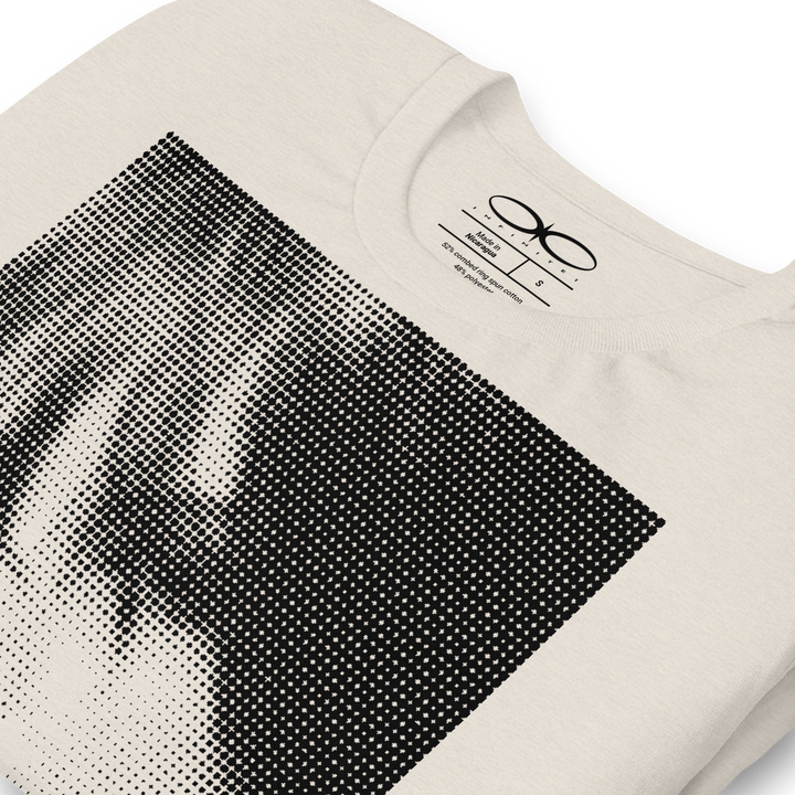 Halftone Girl Graphic Tee, folded close up front left angle view.
