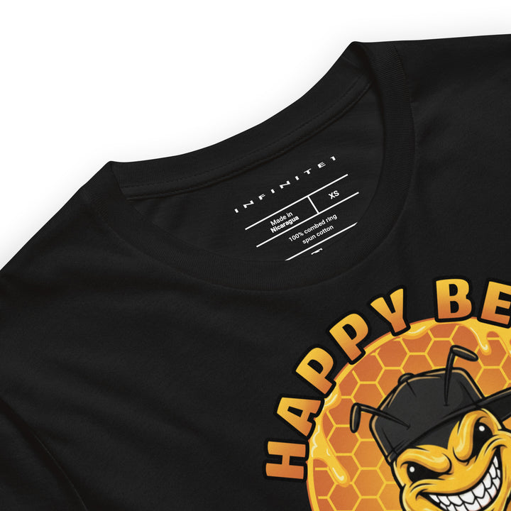 Happy Bee Graphic Tee - black, close-up front view.