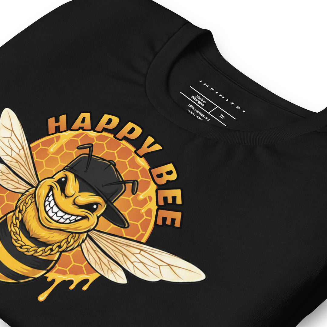 Happy Bee Graphic Tee - black, folded front left view.