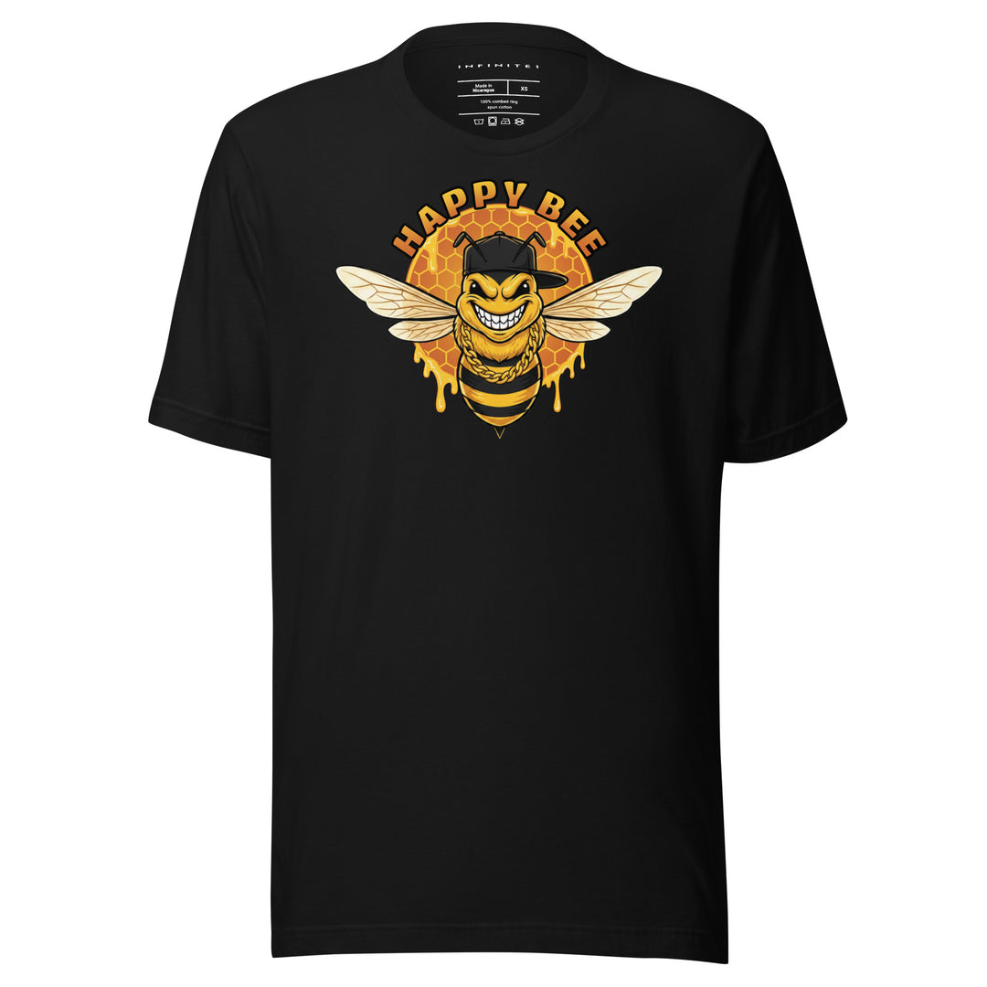 Happy Bee Graphic Tee - black, front view.