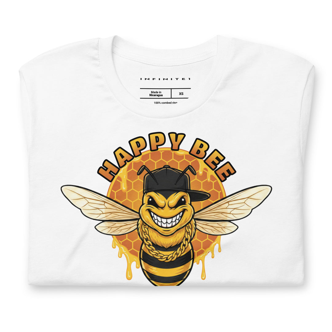 Happy Bee Graphic Tee - white, folded front view.