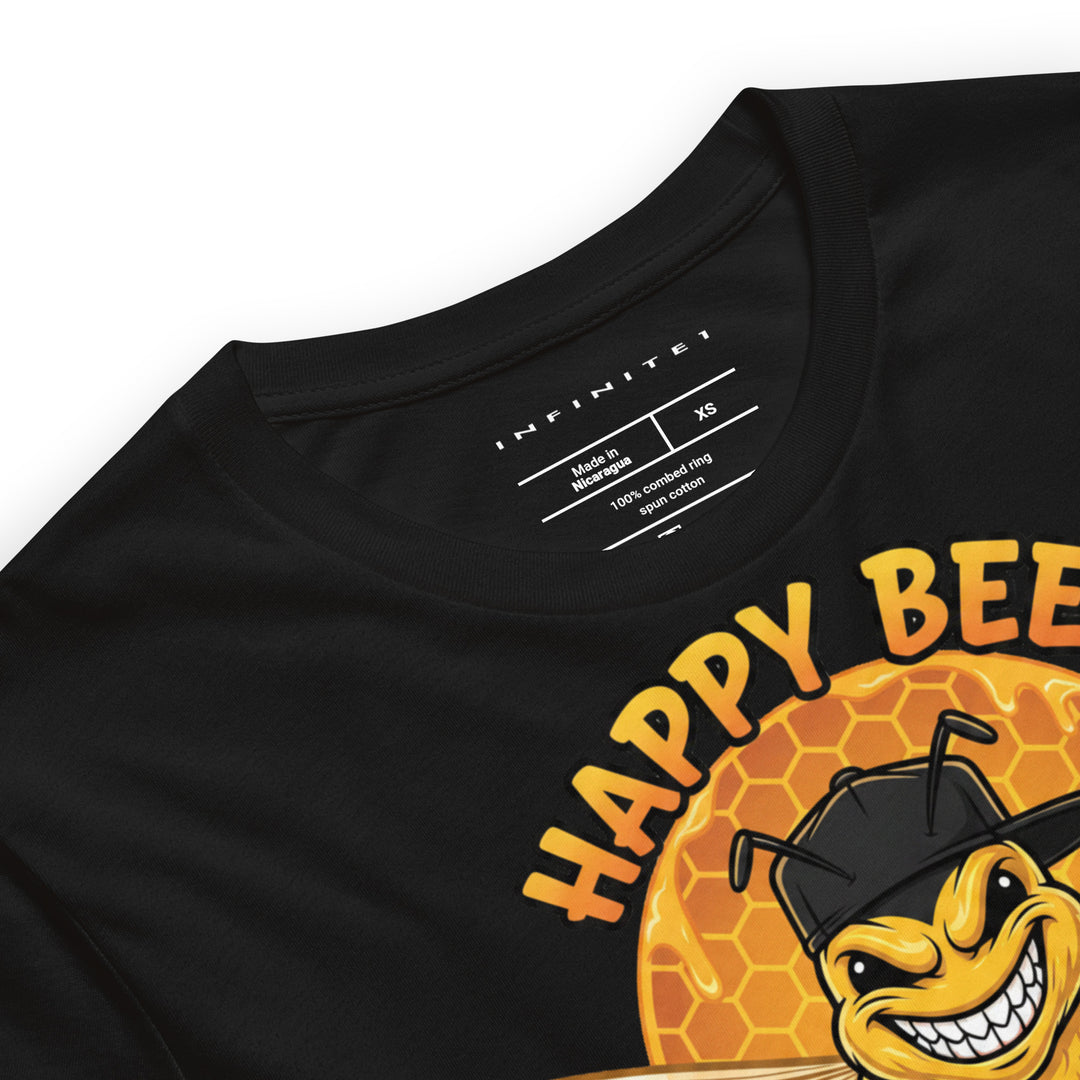 Happy Bee graphic tee in black — close-up front detail | Infinite1