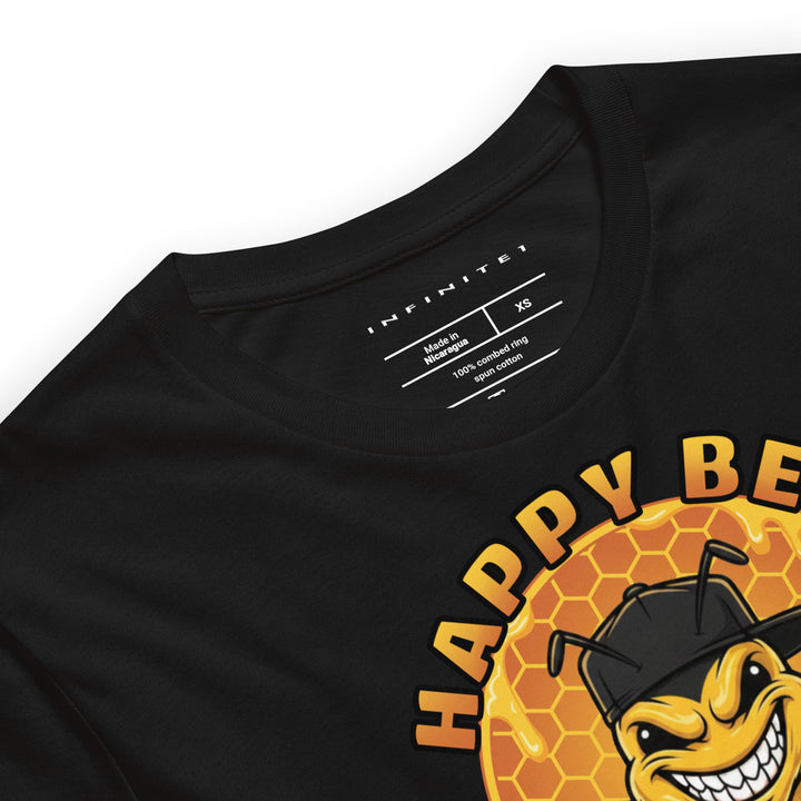 Happy Bee graphic tee in black — close-up front view | Infinite1