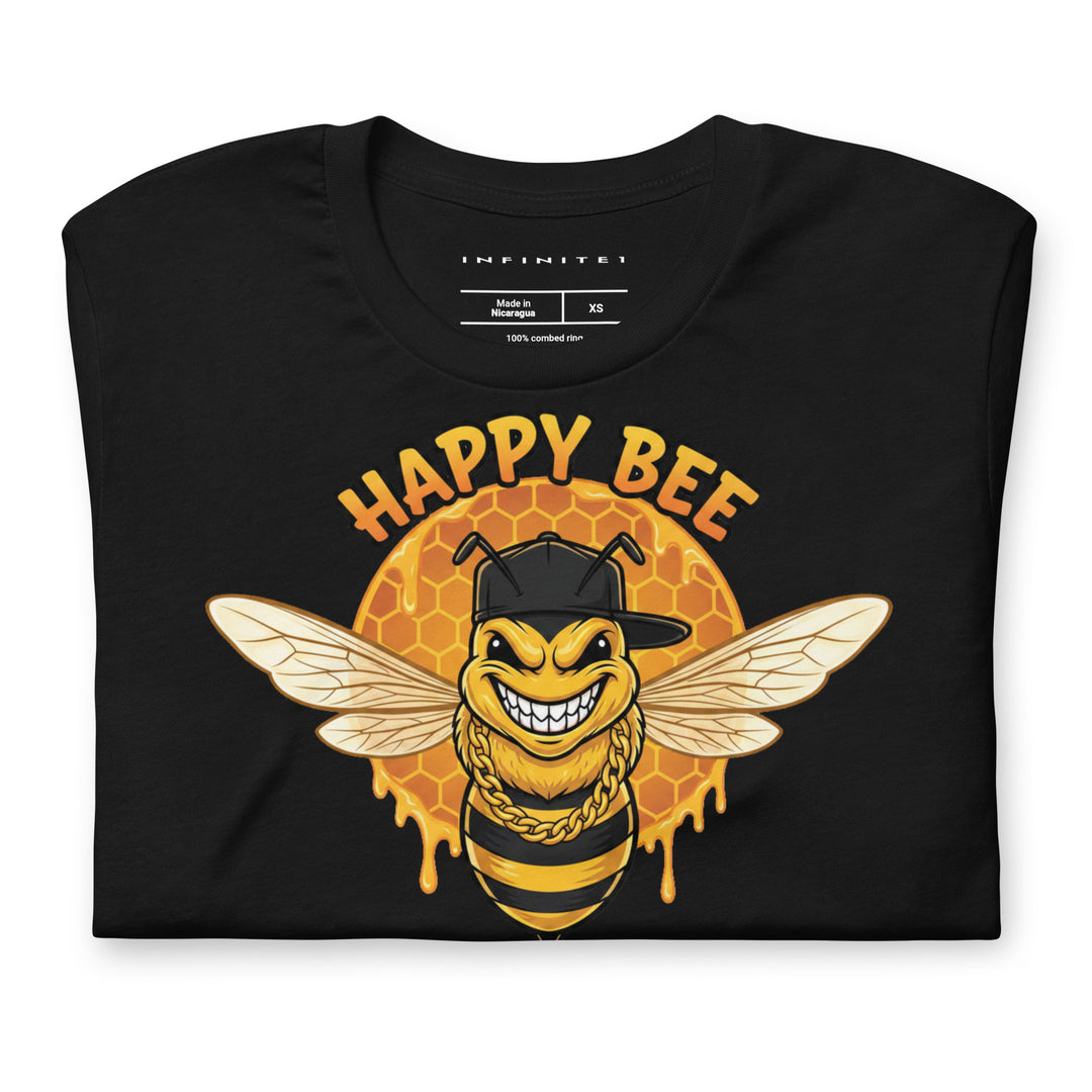 Happy Bee graphic tee in black — folded front | Infinite1
