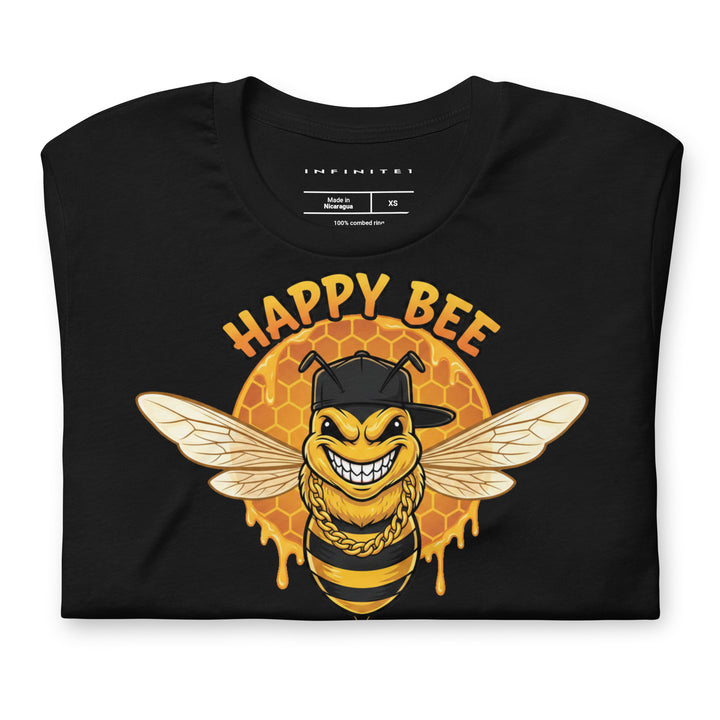 Happy Bee graphic tee in black — folded front | Infinite1