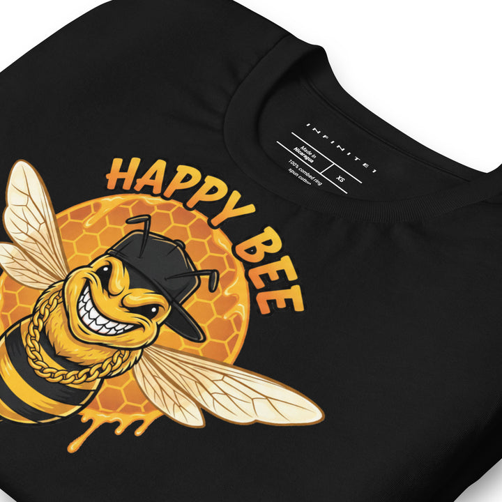 Happy Bee graphic tee in black — folded front left | Infinite1