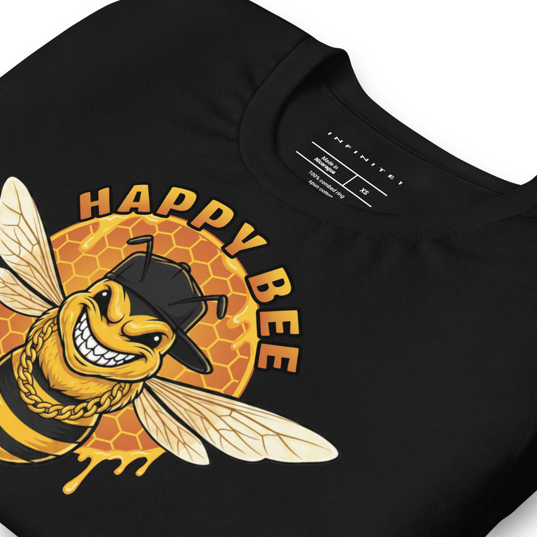 Happy Bee graphic tee in black — folded front left view | Infinite1