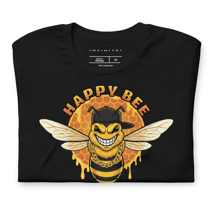 Happy Bee graphic tee in black — folded front view | Infinite1