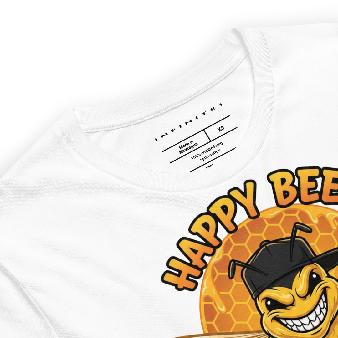 Happy Bee graphic tee in white — close-up front detail | Infinite1